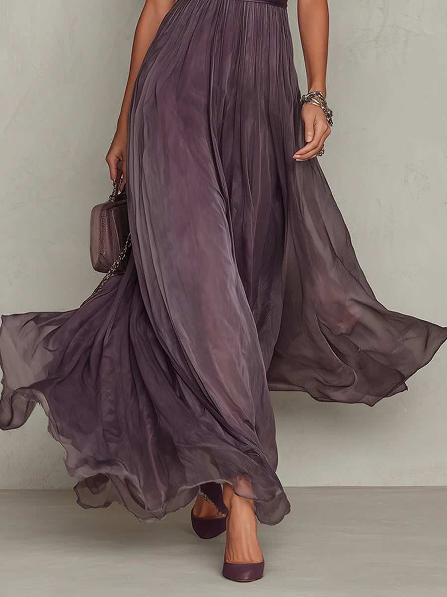 Flavia™ | Vestido largo morado con escote en forma de ojo de cerradura y ribete de encaje de gasa