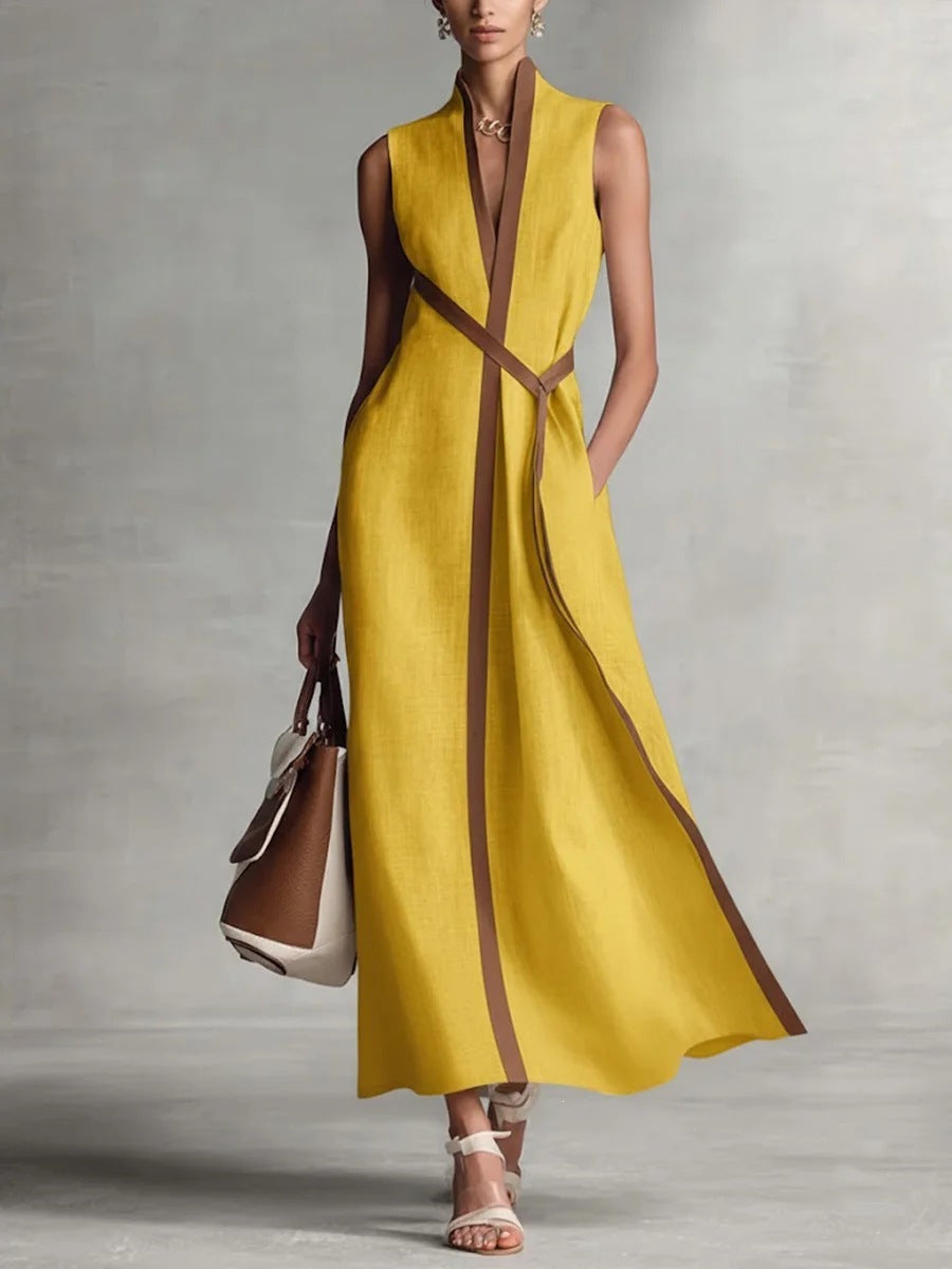 Lora™ | Vestido sin mangas de mezcla de lino con cuello alto y diseño de bloques de color.