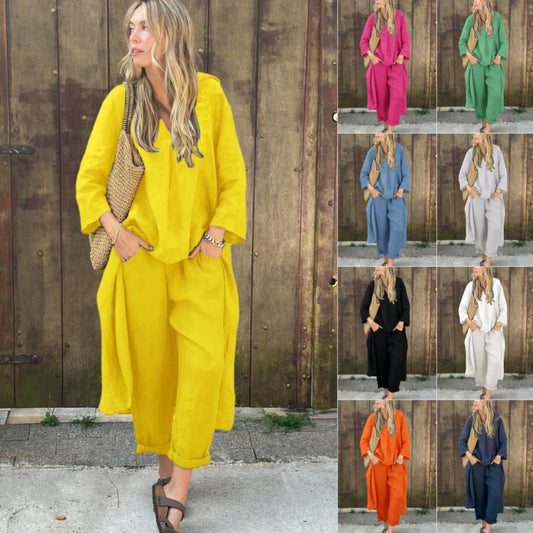 Conjunto de ropa de trabajo: camisa y pantalón holgado de talle alto.