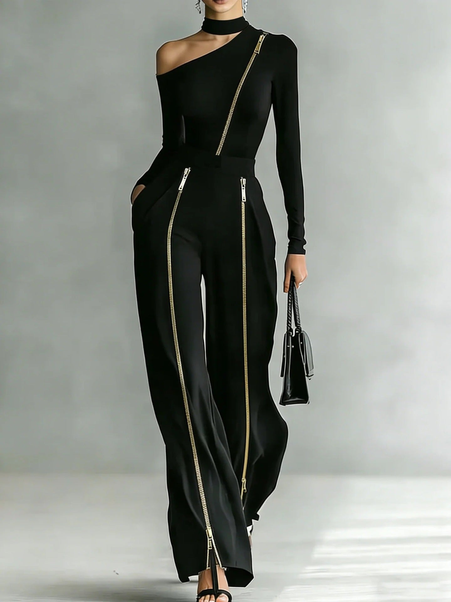 Conjunto de pantalones de pierna ancha, con mangas largas, cuello redondo y cremallera bidireccional