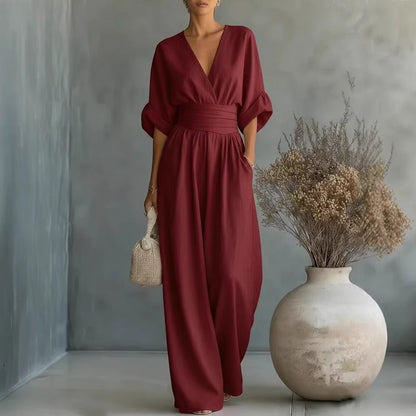 Mono de verano de manga corta, estilo casual, escote en V, pantalón de pierna ancha, ropa de mujer.