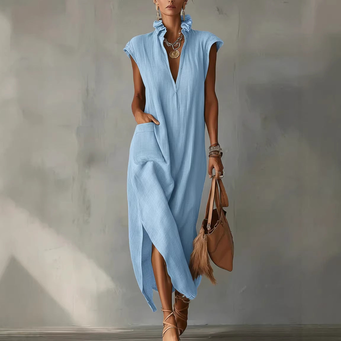 Alexa | Vestido sin mangas, confeccionado en algodón y lino, color liso.