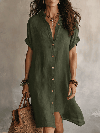 Celeste™ | Vestido camisero midi de lino y algodón con botones