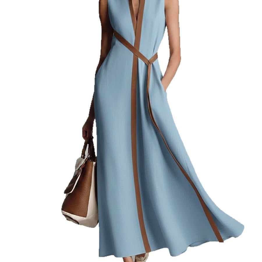 Lora™ | Vestido sin mangas de mezcla de lino con cuello alto y diseño de bloques de color.