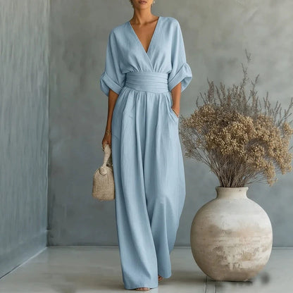 Mono de verano de manga corta, estilo casual, escote en V, pantalón de pierna ancha, ropa de mujer.