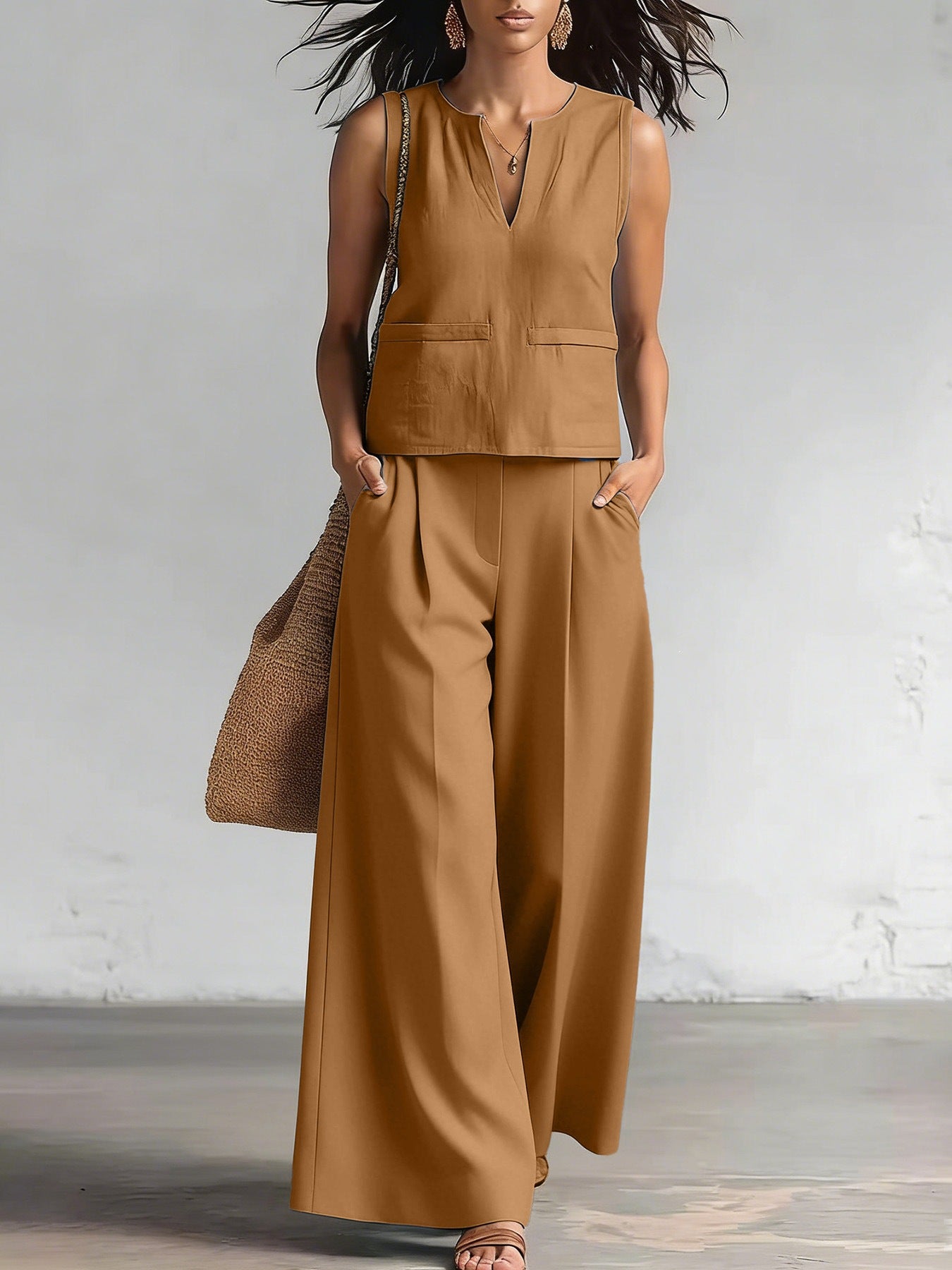 Elegante conjunto monocromático de dos piezas: top de tirantes con cuello redondo y pantalón de pierna ancha.
