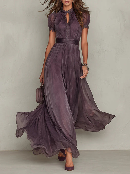 Flavia™ | Vestido largo morado con escote en forma de ojo de cerradura y ribete de encaje de gasa
