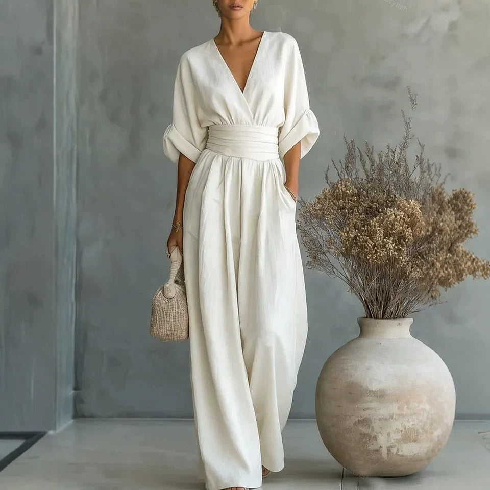 Mono de verano de manga corta, estilo casual, escote en V, pantalón de pierna ancha, ropa de mujer.