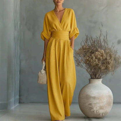 Mono de verano de manga corta, estilo casual, escote en V, pantalón de pierna ancha, ropa de mujer.