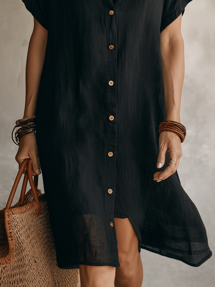 Celeste™ | Vestido camisero midi de lino y algodón con botones