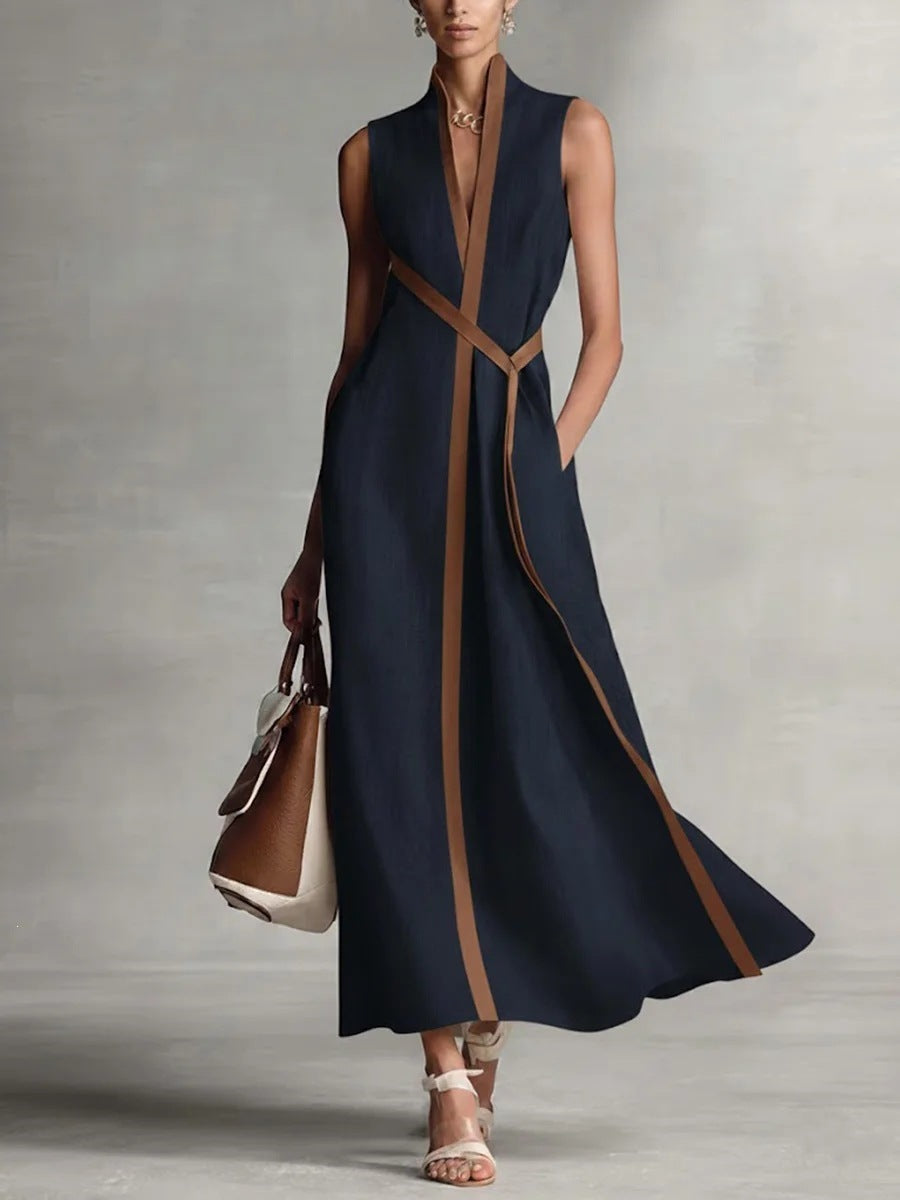 Lora™ | Vestido sin mangas de mezcla de lino con cuello alto y diseño de bloques de color.